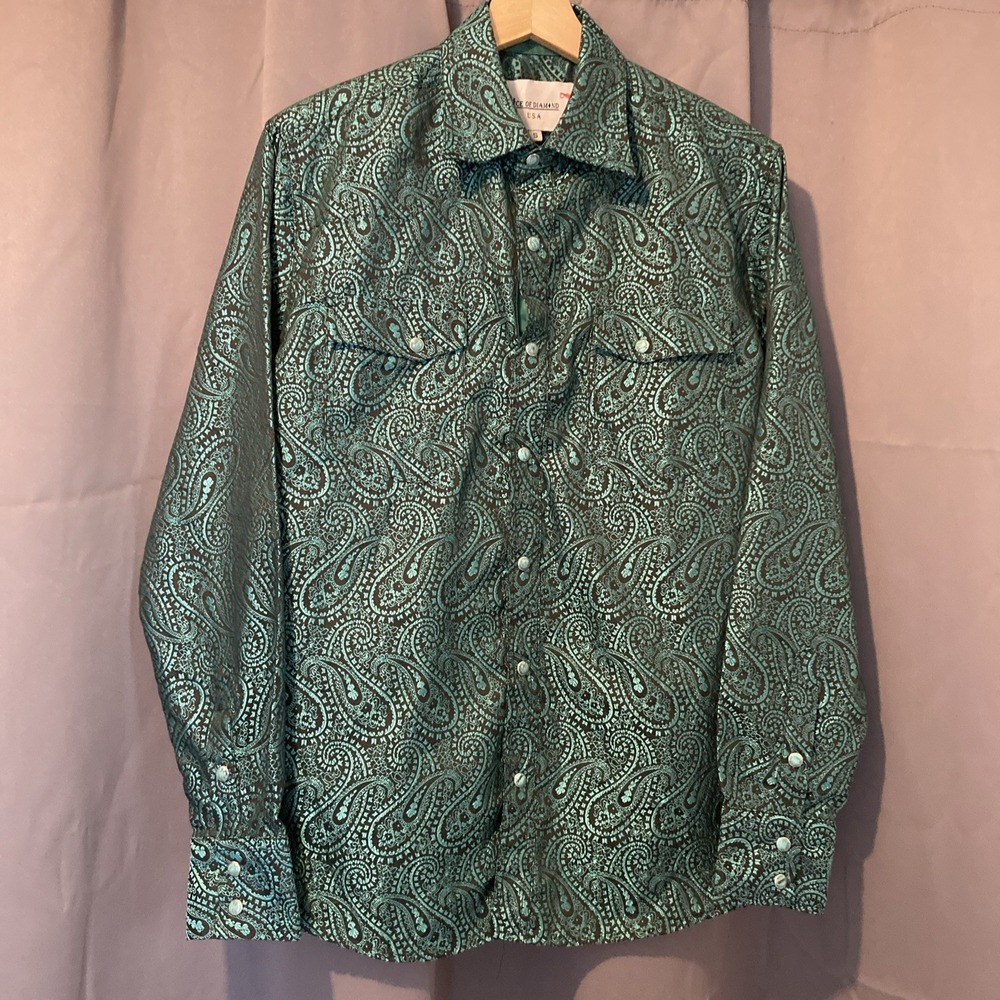 Ace of Diamonds Turquoise Pearl Snap Rodeo Rockabilly Shirt S Paisley Western